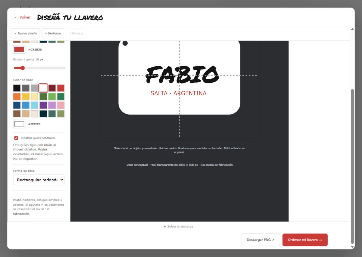 Captura real del diseñador de llaveros con un nombre de ejemplo