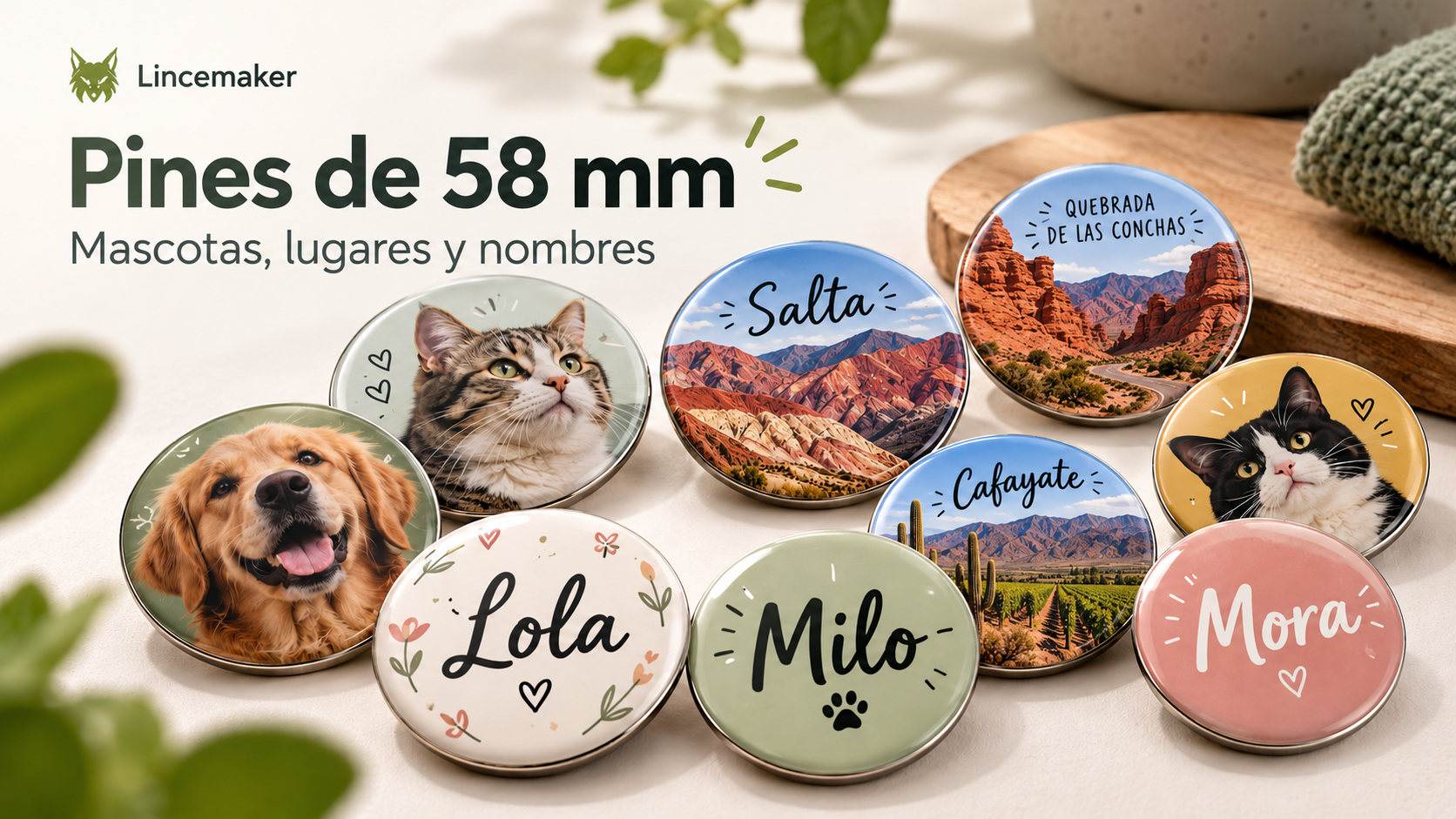 Imagen generada de pines de 58 mm con nombres, mascotas y paisajes